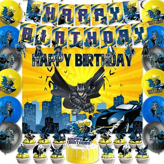 Cartoon Batman Birthday Party Supplies, Cartoon Batman Party Decorations Set - Cartoon Batman Birthday Decoration Banner Background and Balloon Cake Topper and Other Party Supplies