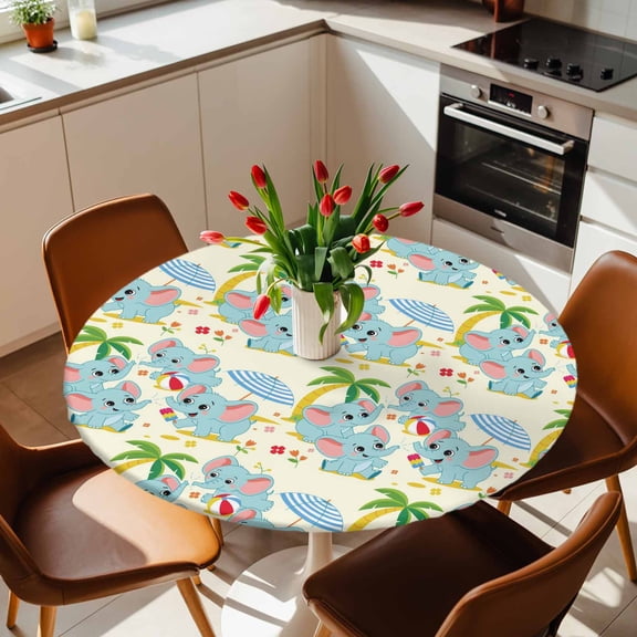 Cartoon Beach Elephant Round Fitted Tablecloth with Elastic Edge,Waterproof Table Cloth Fits Tables Up to 45"-54",Washable Table Cover for Indoor Outdoor Dinning Party,Seaside Funny Cute Animals