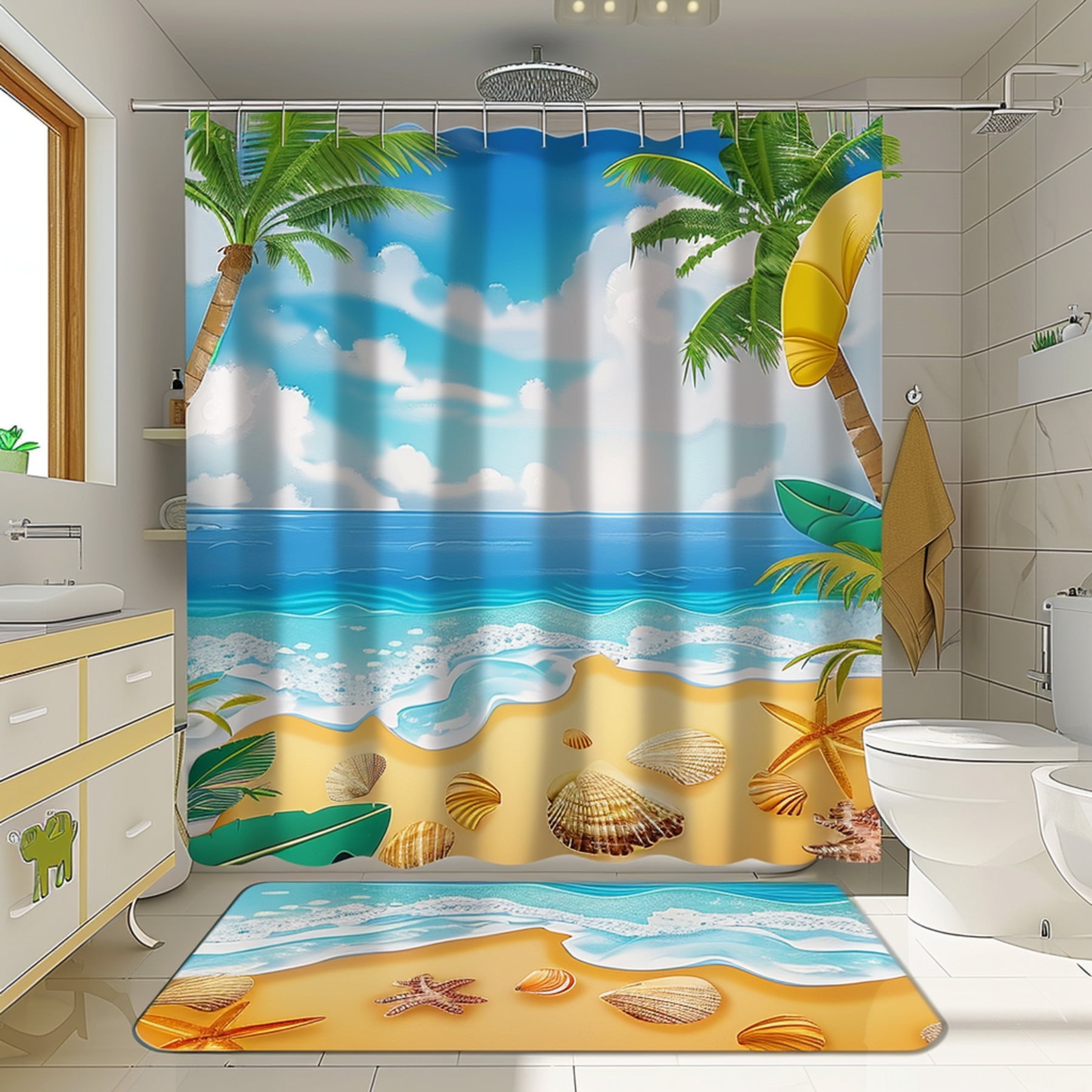 Cartoon Beach Themed Shower Curtain Set Tropical Island Scene with Palm
