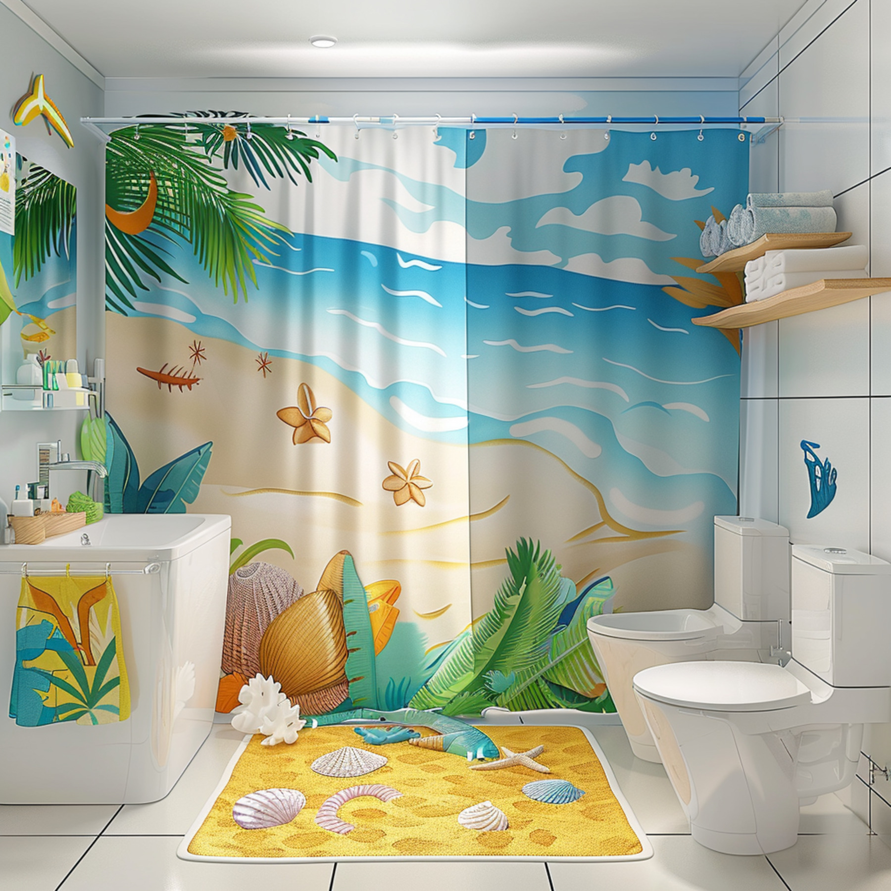 Cartoon Beach Themed Shower Curtain Set Tropical Island Scene with Palm