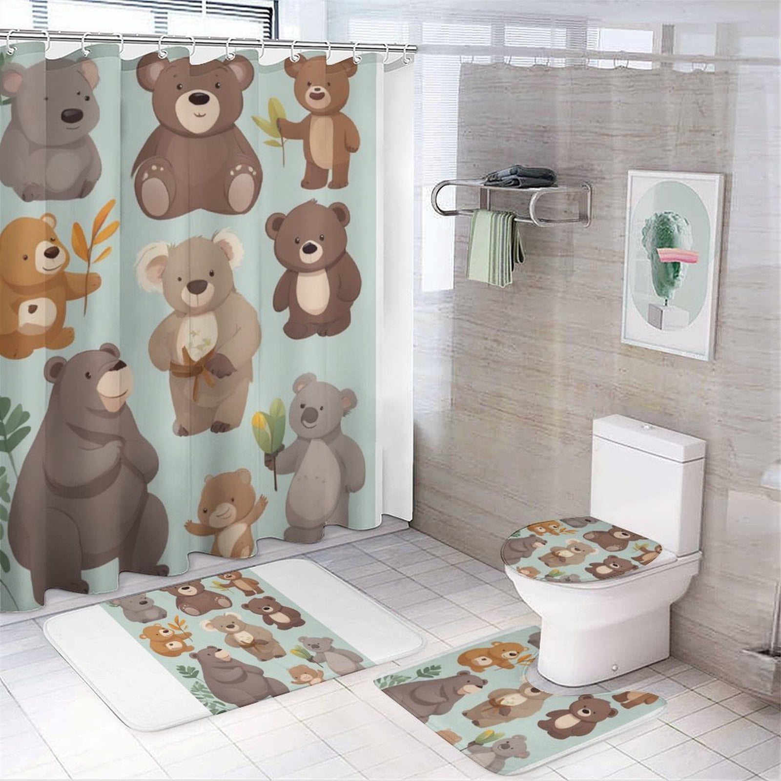 Cartoon Bear 4 Pcs Shower Curtain Set with Rug Bathroom Sets with ...