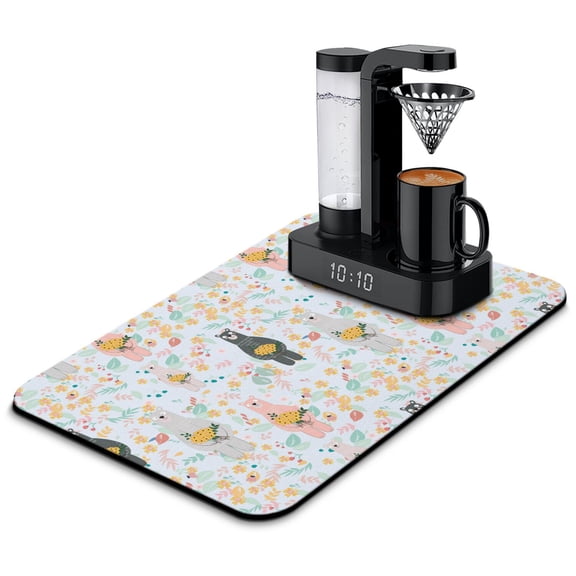 Cartoon Bear Art Coffee Mat Multi-Functional Absorbent Mat for Kitchen Counter, Non-Slip Base with Brown Bear Forest Theme