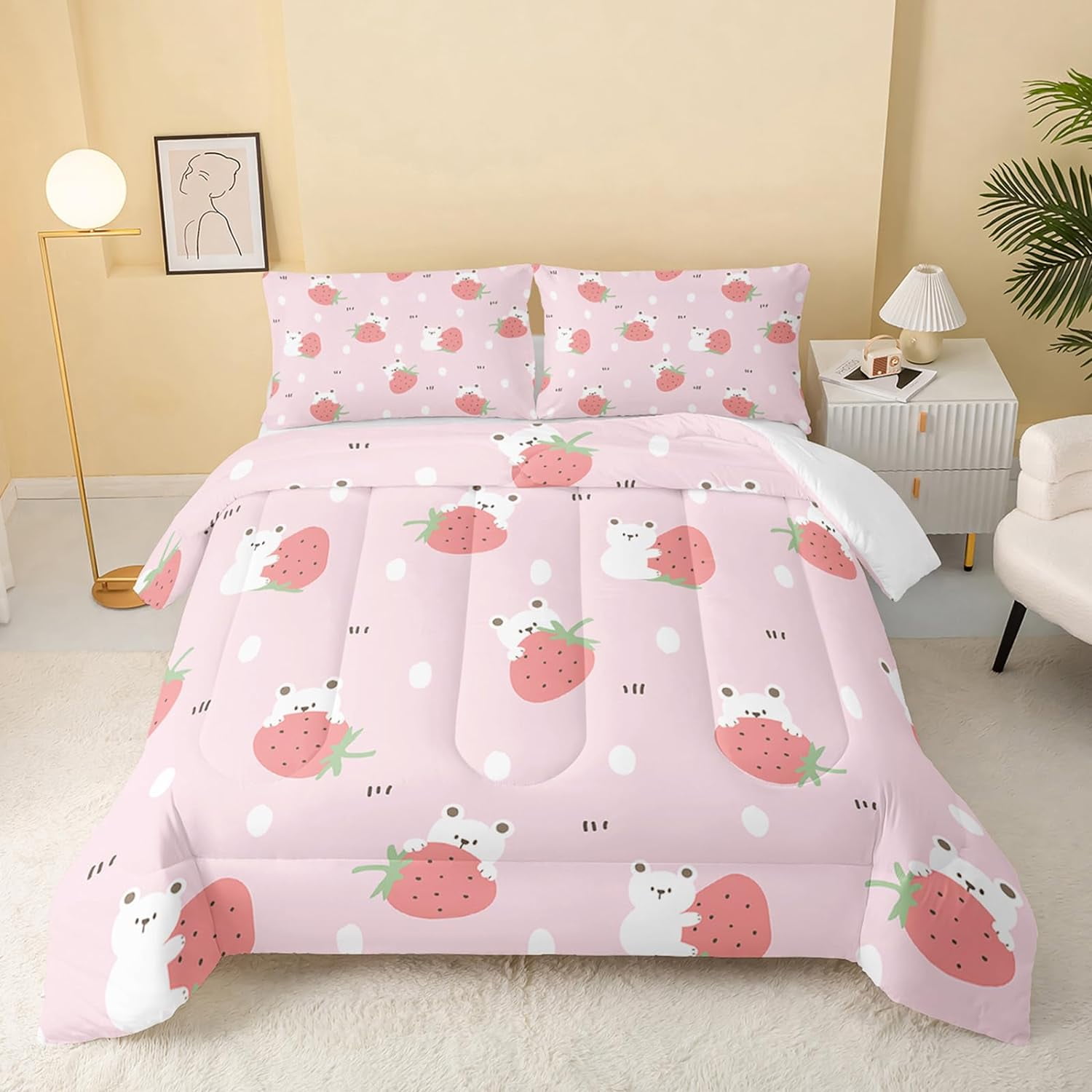 Cartoon Bear Comforter King Size,Pink Strawberry Comforter Set for Kids