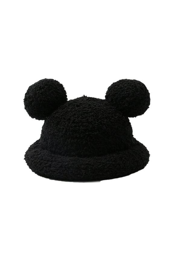 Cartoon Bear Ear Shape Polyester Bucket Hat Fluffy Plush Winter Cap