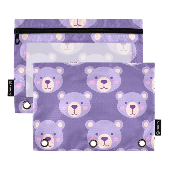 Cartoon Bear Face 2 Pack Pencil Pouch for 3 Ring Binder Smooth Zipper Folders with Pockets Clear Window Pencil Case