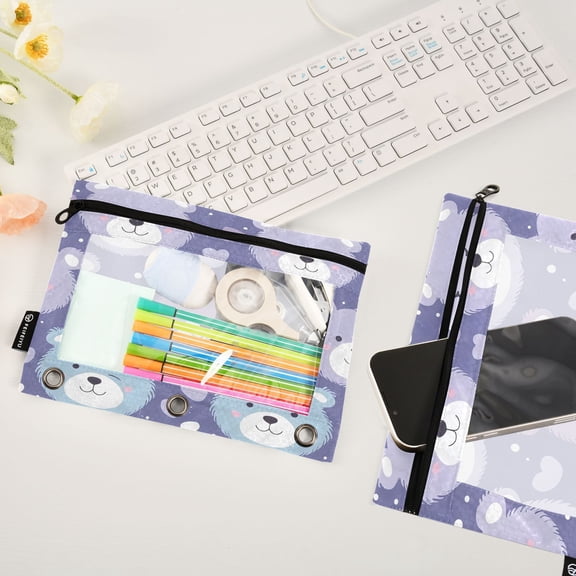 Cartoon Bear Face 2 Pack Pencil Pouches Zipper Pencil Case 3 Ring Pencil Pouch Cosmetic Bag