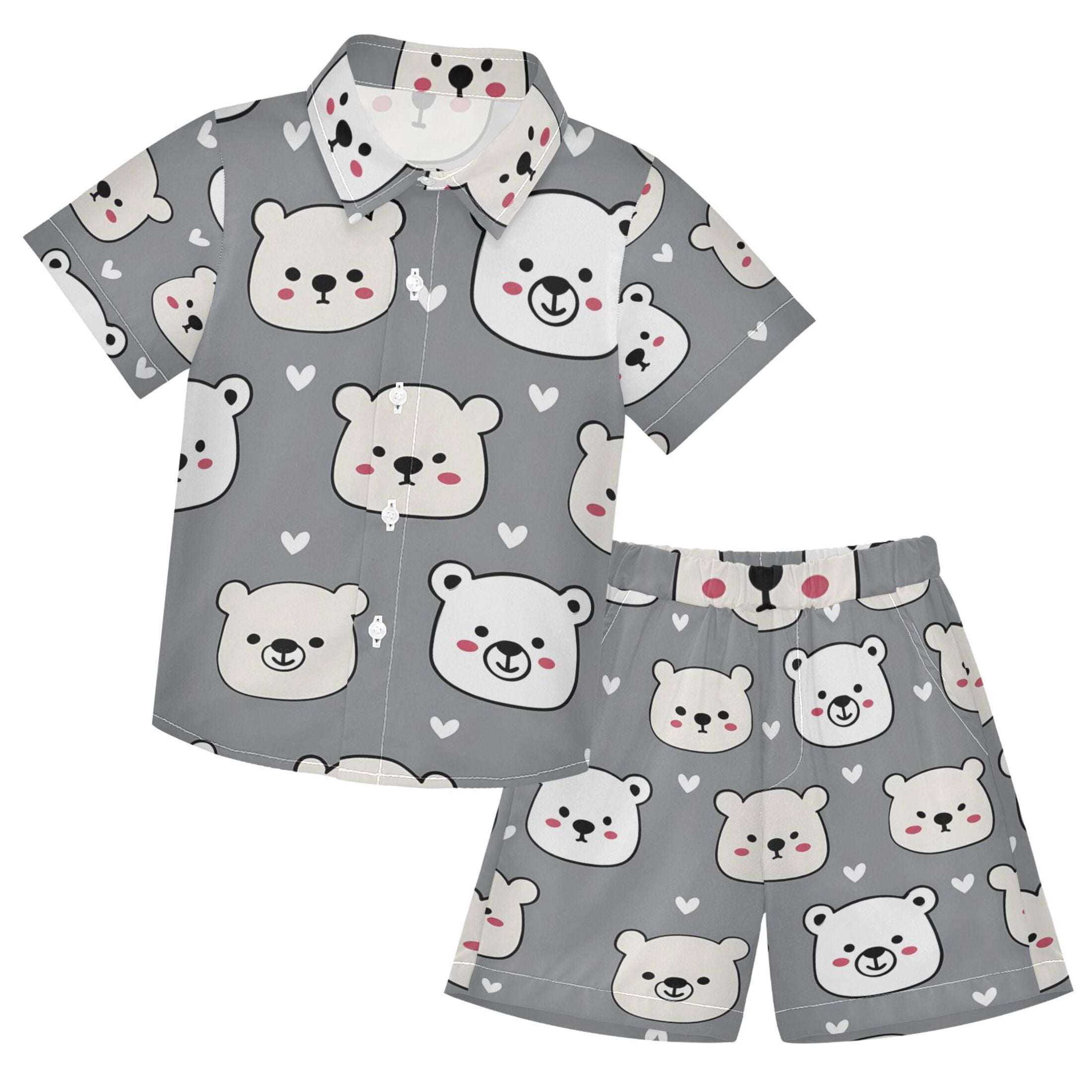 Cartoon Bear Love Pattern Boys' Hawaiian Shorts Sets Button Down Shirts ...