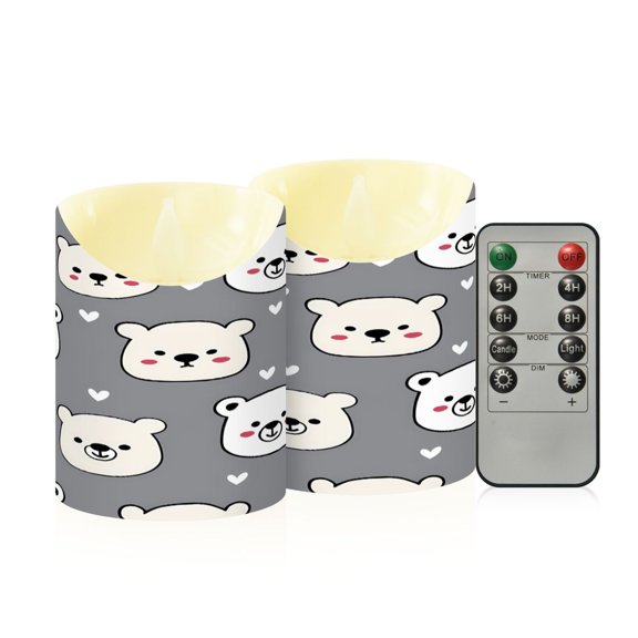 Cartoon Bear Love Pattern Flameless Candles 2 PCS with Remote Realistic Moving Flame LED Tapered Pillar Set for Home Decor