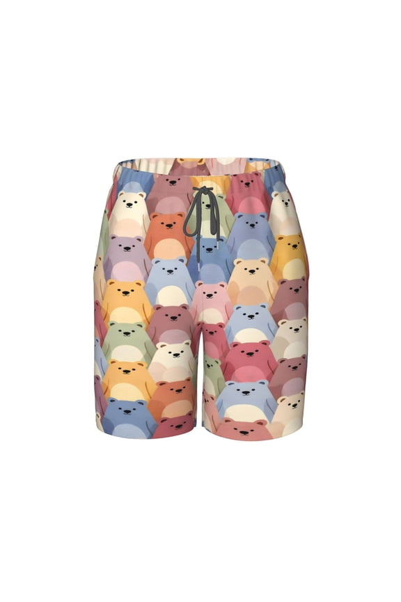 Cartoon Bear Pattern Beach Pants Lightweight Teen Shorts with Mesh Lining and Drawstring