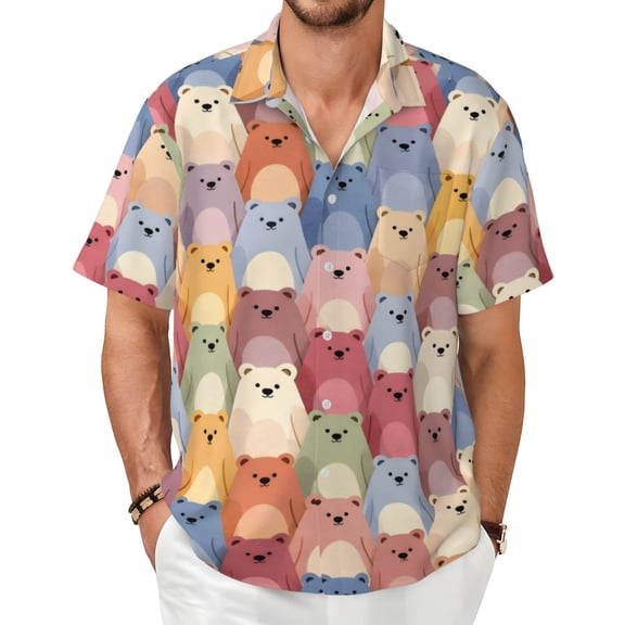 Cartoon Bear Pattern Men's Shirts Short-Sleeved with All-Over Prints Button-Up Shirts