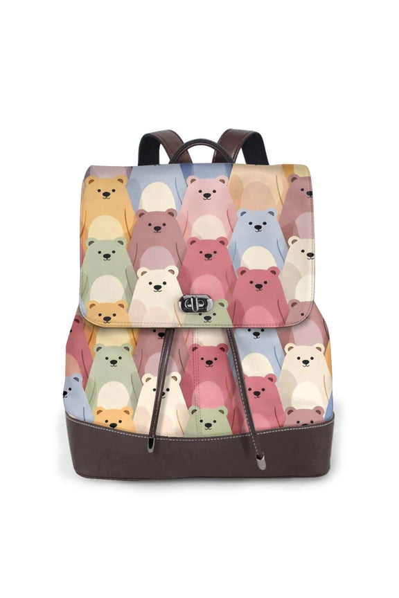 Cartoon Bear Pattern Women's Leather Backpack All-Over Print Bag for Work and Travel