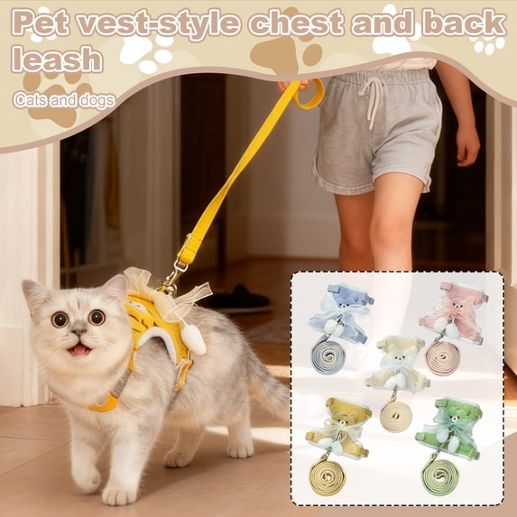Cartoon Bear Pet Harness & Leash Set – Soft Mesh Vest for Cats & Small Dogs,Bowknot Design Chest Back Harness for Walking & Travel
