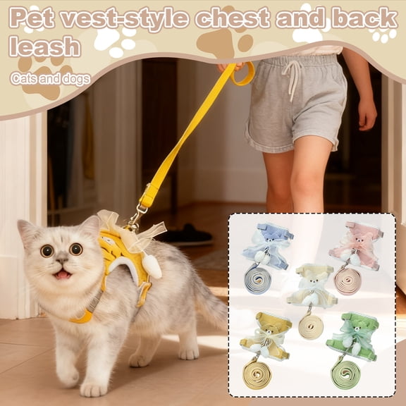 Cartoon Bear Pet Harness & Leash Set – Soft Mesh Vest for Cats & Small Dogs,Bowknot Design Chest Back Harness for Walking & Travel