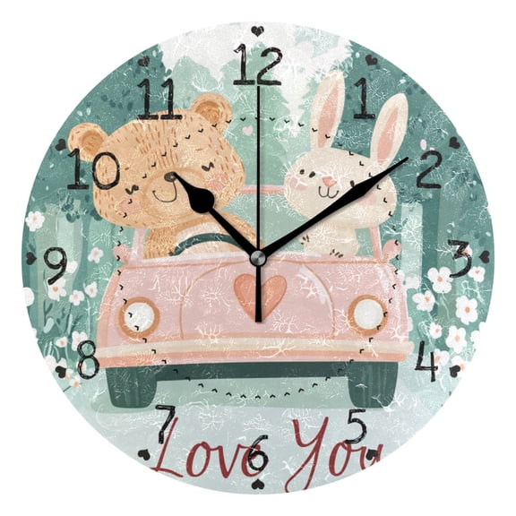 Cartoon Bear Rabbit Drive Valentine Round Wall Clock Silent Analog Battery Operated Black Pointer Home Decor 9.84" Diameter