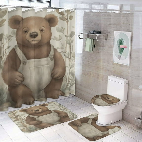 Cartoon Bear Shower Curtain Waterproof Bathroom Curtain Set with Hooks Home Decor Bathroom Curtains