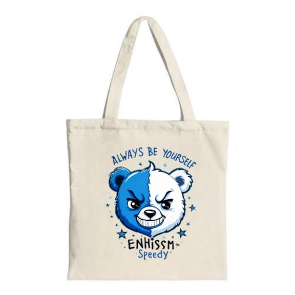 Cartoon Bear Tote Bag - Split Blue & White Design with Mischievous Grin Surrounded by Stars ' ALWAYS BE YOURSELF ' & ' ENHISM SPEEDY '