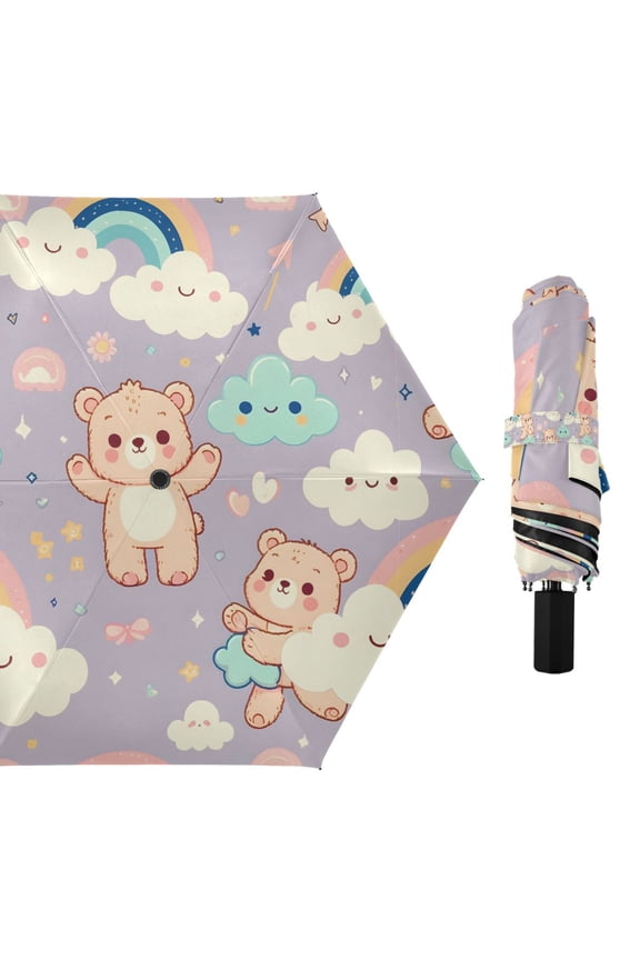 Cartoon Bear and Cloud Rainbow Compact Sun Umbrella Windproof Travel Umbrellas for Rain Strong Portable UV Protection