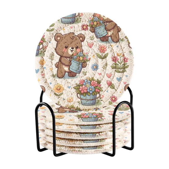 Cartoon Bear and Flower Bucket 6 Pcs Drink Coasters with Holder Absorbent Coasters Woven Coasters for Drinks Table Desk Protection Home Decor
