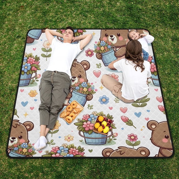 Cartoon Bear and Flower Bucket Beach Blanket Outdoor Picnic Blanket 78"x 78" Waterproof Foldable for Beach Camping Travel Hiking Grass Lawn Park