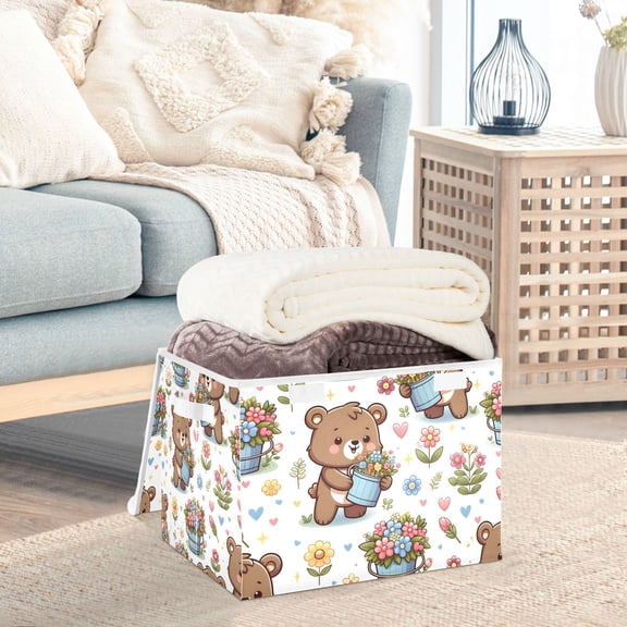 Cartoon Bear and Flower Bucket Storage Basket Foldable Laundry Basket Shelf Kids Toy Storage Container Organizer with Handles