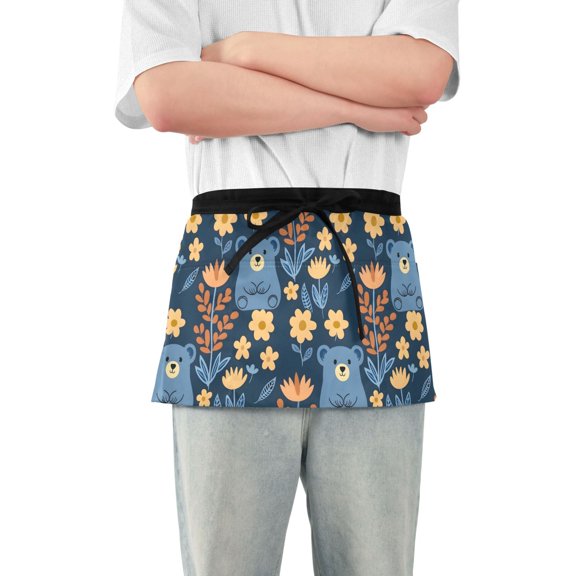 Cartoon Bear and Flower Server Apron with 3 Pockets Waterproof Waitress Waist Short Apron for Man Woman 12 Inches