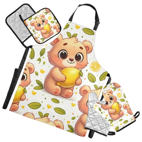 Cartoon Bear and Lemon 5 Pcs Kitchen Set Heat Resistant Oven Mitts and Non-Slip Pot Holders with Adjustable Cooking Apron
