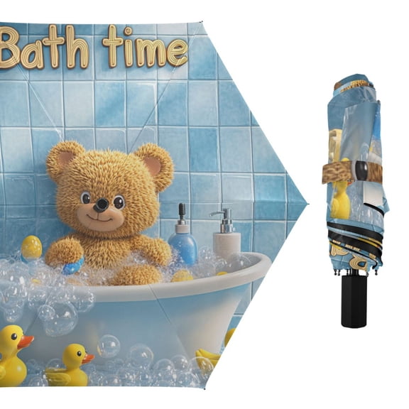 Cartoon Bear in Bathtub All Weather Umbrella Triple Folding Parasol 6 Ribs UV Protection Portable