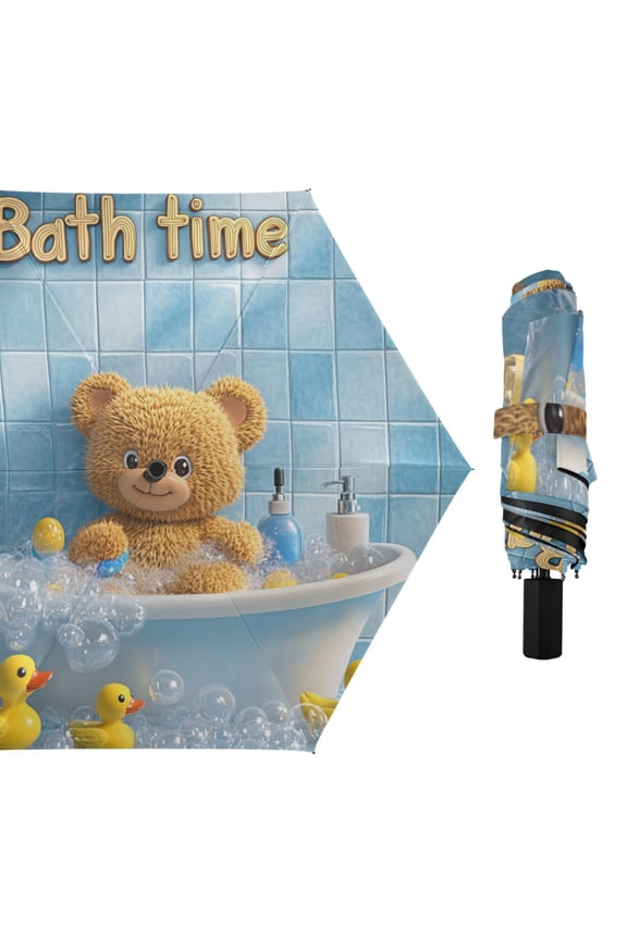 Cartoon Bear in Bathtub All Weather Umbrella Triple Folding Parasol 6 Ribs UV Protection Portable