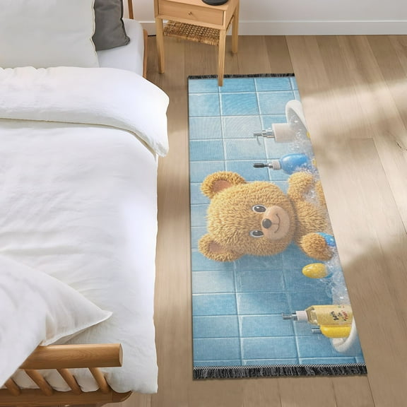 Cartoon Bear in Bathtub Bedside Runner Rug 2'x 6' Non Slip Carpet Floor Mat Area Rug