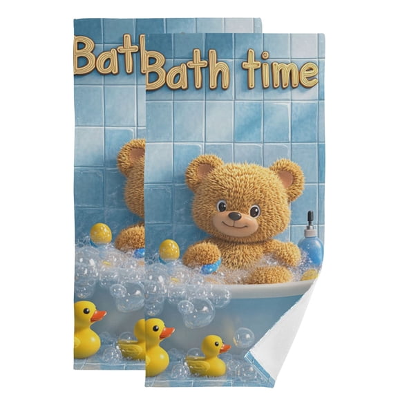 Cartoon Bear in Bathtub Hand Towel Absorbent Bath Towels for Bathroom Sports Gym 28" x 14" Set of 2