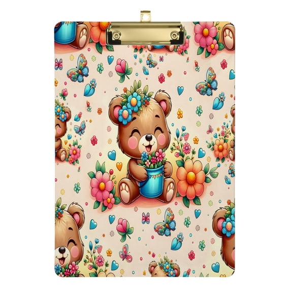 Cartoon Bear in Flowers Acrylic Clipboards A4 Standard Letter Size Clipboard 12.5" X 9" Clip Board for Students Teacher Office