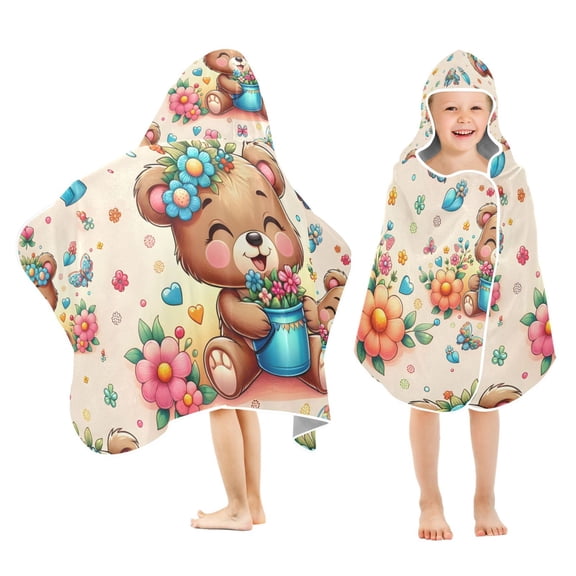 Cartoon Bear in Flowers Kids Hooded Beach Towel Baby Bath Poncho Towels with Hood Absorbent 50"x23.5" for Pool Swimming