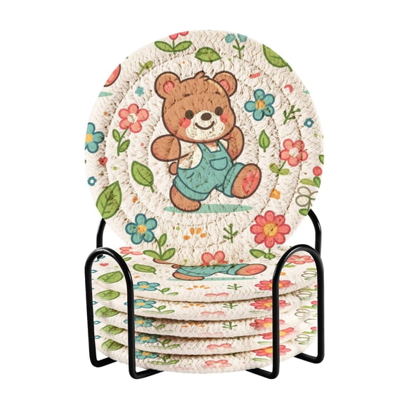 Cartoon Bear with Flower and Leaf Coasters with Holder for Coffee Table 6 Pcs Drink Coaster Sets Absorbent for Home Decor 4 inch