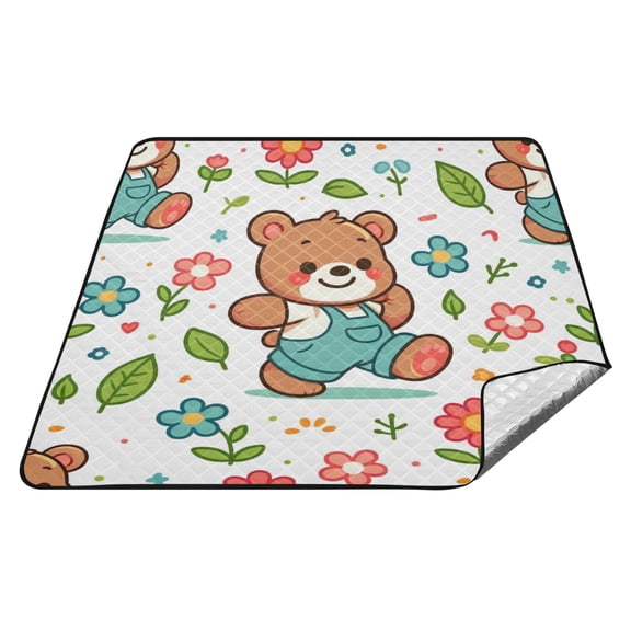 Cartoon Bear with Flower and Leaf Picnic Blankets Extra Large 78"x78" Beach Blanket Waterproof Sandproof Outdoor Mat for Camping Travel Park