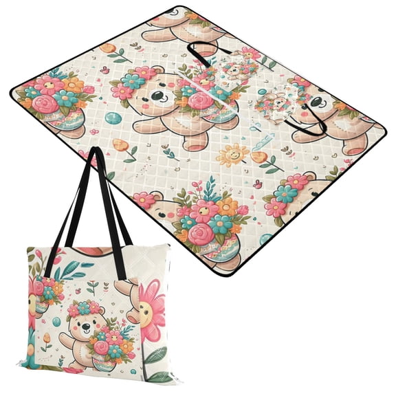 Cartoon Bear with Flowers Extra Large Picnic Beach Blanket Waterproof Sand Proof Portable Outdoor Mat 60x80