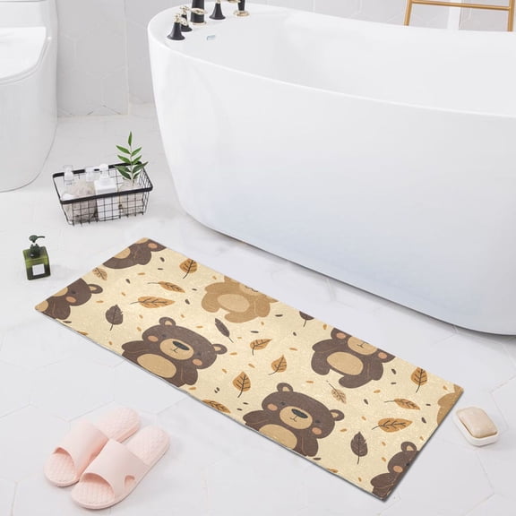 Cartoon Bear with Leaf Bath Mat 39x20 Non-Slip Bathroom Rugs Absorbent Soft Plush Quick Dry for Tub Shower Kitchen Home Decor