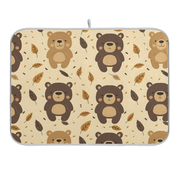 Cartoon Bear with Leaf Dish Drying Mat 16x18 Absorbent Microfiber Draining Rack Pad for Kitchen Counter Sink