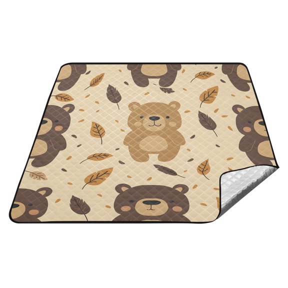 Cartoon Bear with Leaf Picnic Blankets Extra Large 78"x78" Beach Blanket Waterproof Sandproof Outdoor Mat for Camping Travel Park