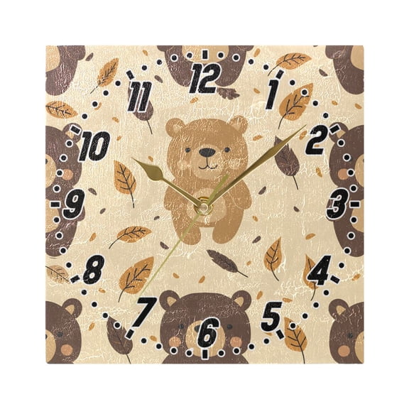 Cartoon Bear with Leaf Wall Clock Battery Operated Silent Non-Ticking Bedroom Office Kitchen Home School Decor 7.8"(Gold)