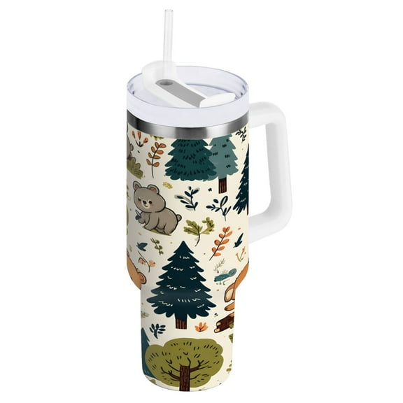 Cartoon Bear with Tree Tumbler with Handle and Straw Lid 40 oz Insulated Vacuum Water Bottle Stainless Steel Travel Cup