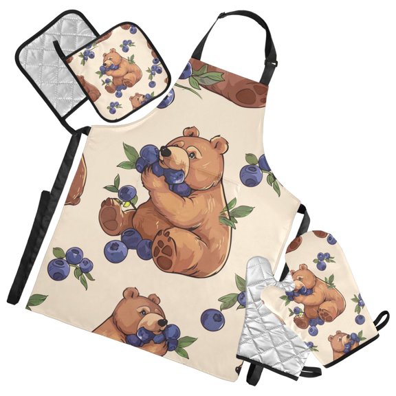 Cartoon Bears Eating Blueberries with Leaves Apron Set with Oven Mitts Pot Holders Set of 5 Kitchen Stuff Accessories
