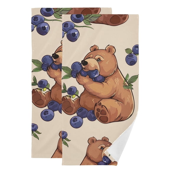 Cartoon Bears Eating Blueberries with Leaves Hand Towel Absorbent Bath Towels for Bathroom Sports Gym 28" x 14" Set of 2