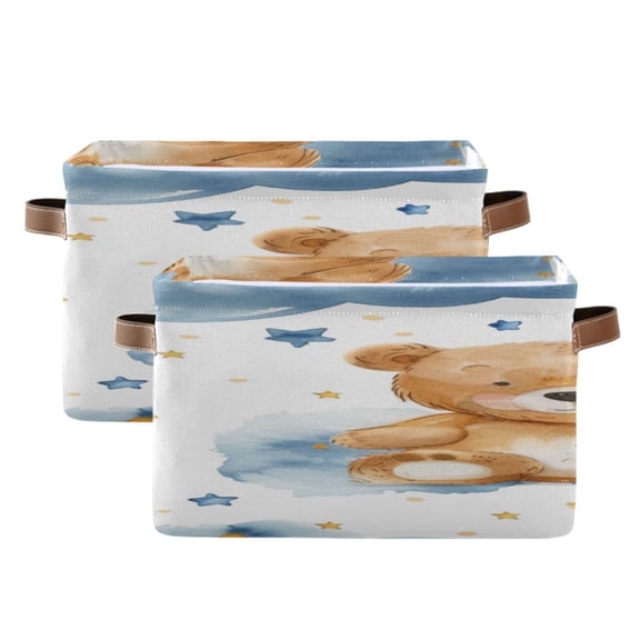 Cartoon Bears with Cute Sky Elements Square Storage Bins with Handles Collapsible Containing Box 2 Packs