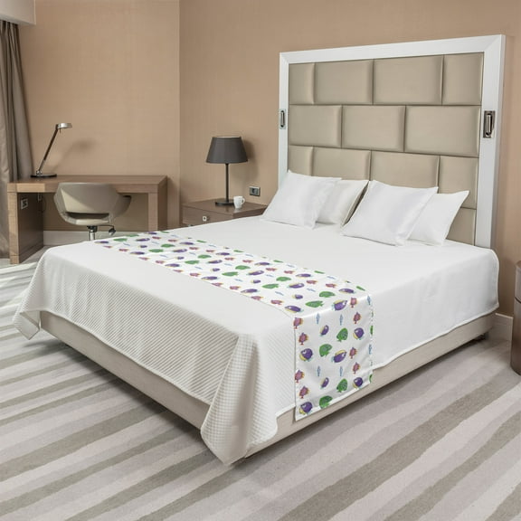 Cartoon Bed Runner, Fish Underwater Creatures, Decorative Accent Bedding Scarf for Hotels Homes and Guestrooms, King, White Multicolor, by Ambesonne