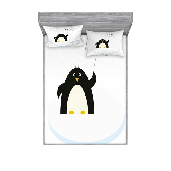 Cartoon Bedding Set with Sheet & Covers, Arctic Animals Theme Penguin on an Ice Block Needs Help Illustration, Printed Bedroom Decor 2 Shams, 4 Sizes, Black White and Sky Blue, by Ambesonne