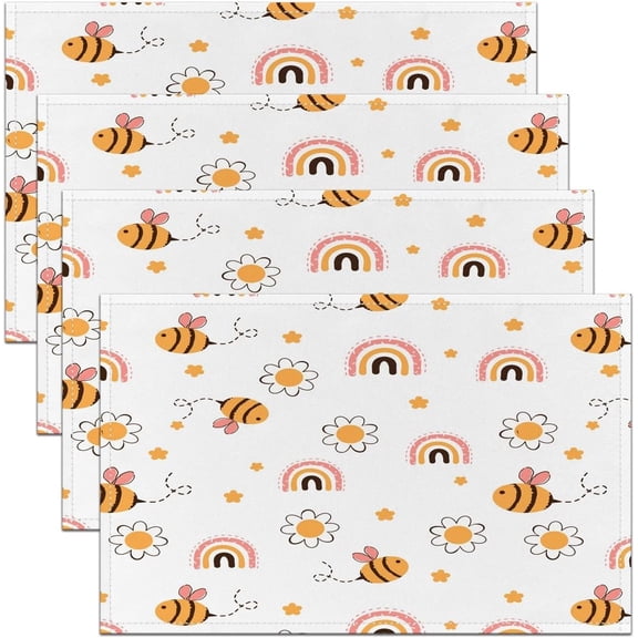 Cartoon Bee 18"x12" Cute Rainbow Place Mats LovelyRainbow Bees Table Place Mats Ultra Soft Kawaii Washable Fabric Decoration Table Mats Placemats Set of 4 Honey Bee Table Mats