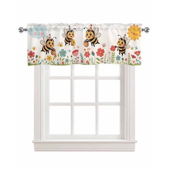Cartoon Bee Kitchen Valances for Windows Farmhouse Linen Window Valance Curtain for Living Room Window Treatment Funny Spring Botanical Flowers Sun Cloudy Valance Rod Pocket Topper, 42 x 18 Inch