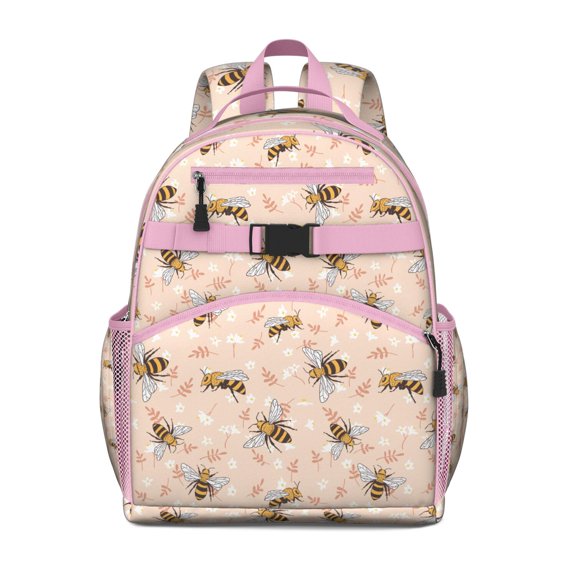 Cartoon Bee Pattern Students Backpack Featuring Honeybee Lover Print, Bumble Bee Design, and Artistic Honeycomb Pattern