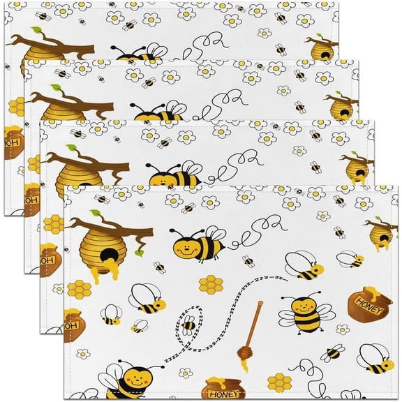 Cartoon Bee Placemats Set of 4, Cute Flower Honeycomb Placemats 18x12 inch, Kawaii Farmhouse Bee Washable & Durable Table Placemats, Garden Indoor/Outdoor Use Table Mats
