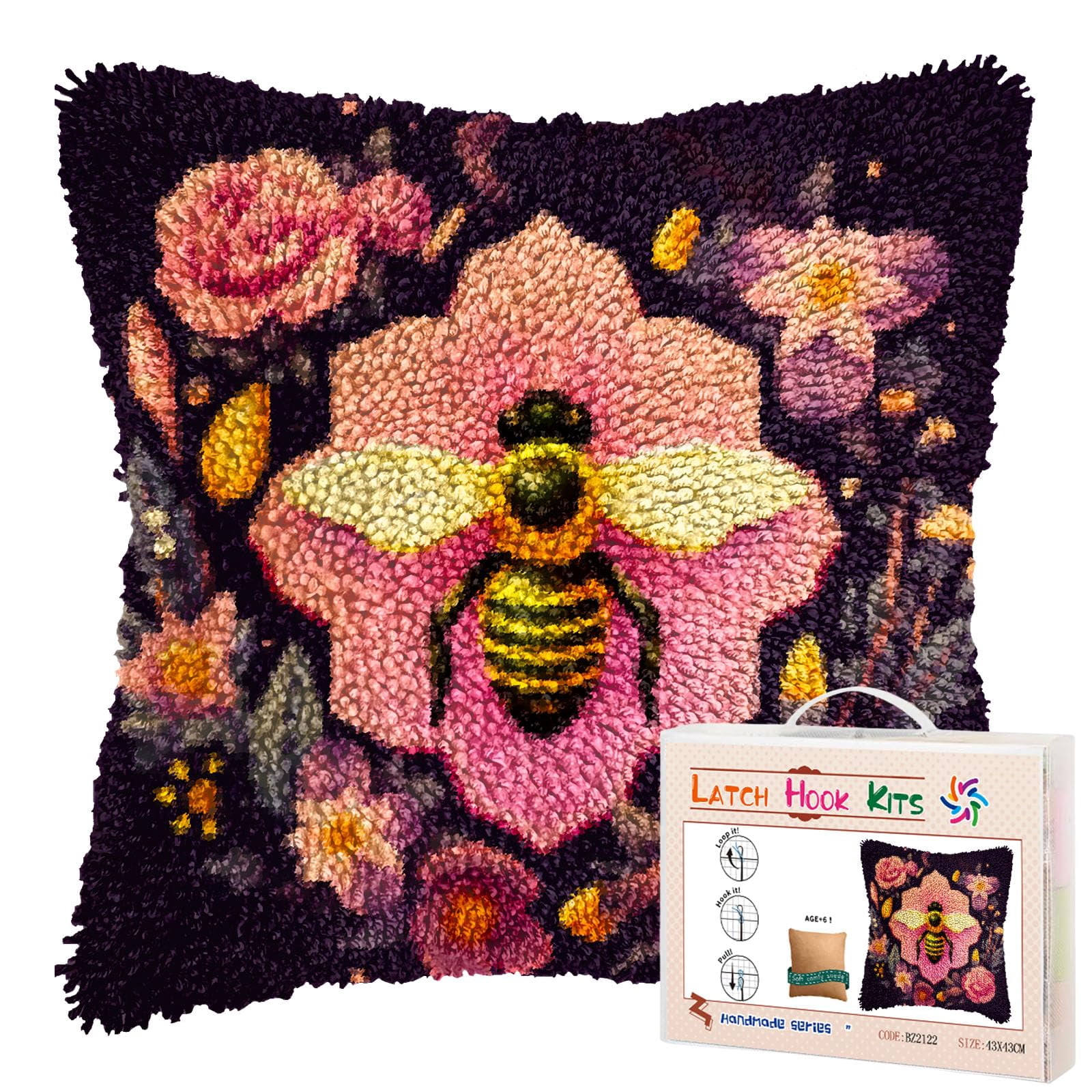 Cartoon Bee among Flowers DIY Latch Hook Pillow Kits for Adults Printed Pillowcase Crochet Yarns Hooking Handmade Pillow Cover Cushion for Home Sofa Decoration 17x17inch